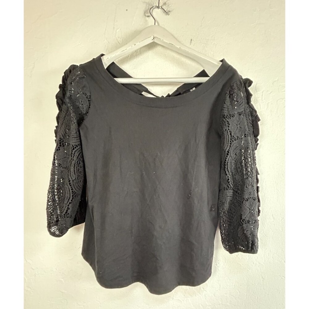 Anthropologie Women's Nina Lace Top 3/4 Ruffle Sleeve  Keyhole Tie Back Black